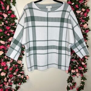 Adrienne Vittadini White/Green Plaid Pullover 1/4 Sleeve Sweater Women’s XL